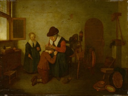 A woman deloused a boy, around 1650/55, oil on oak, 45.5 x 61 cm, left on the chest: QB, Quiringh
