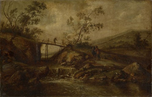 Landscape with waterfall, bridge and staffage, oil on oak wood, 33.5 x 51 cm, not marked, François