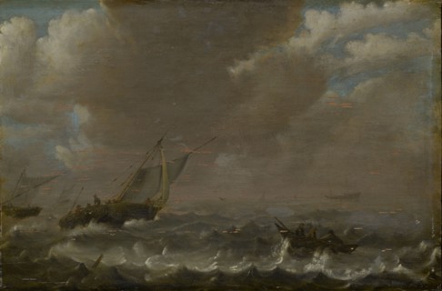 Moving lake with fishing boats, oil on pinewood, 29 x 44 cm, not marked, Simon de Vlieger,