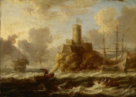 Seaside fortress with moving sea, oil on oak wood, 24.5 x 34.5 cm, monogrammed on the