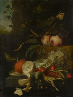 Fruit still life, oil on oakwood, 45 x 34.5 cm, Signed on the right edge on the front edge of the