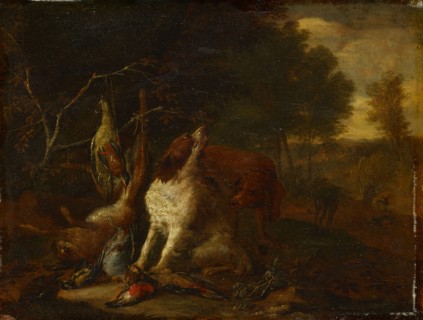Dogs with dead game, oil on oak, 18 x 23 cm, Signed right on the stone under the branches: A Gryef