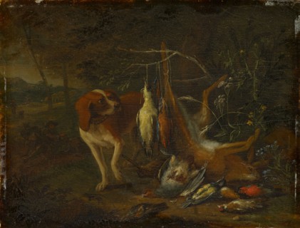 Dog with dead game, oil on oak, 18 x 23 cm, Signed left on the stone next to the large plant: A
