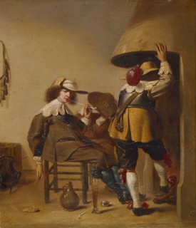 Guardhouse, around 1630/40, oil on oak wood, 28 x 24 cm, monogrammed on the piece of paper bottom