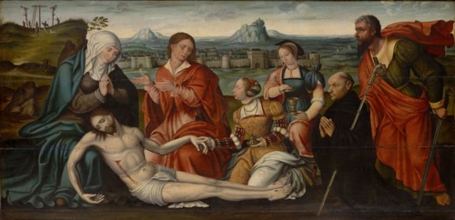 Lamentation of Christ with Founder, Oil on Oak, 81.5 x 166.5 cm, Unmarked, Niederländischer