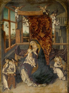 Madonna lactans with musician angels in an interior, oil on fir wood, 34 x 24.5 cm, unmarked,
