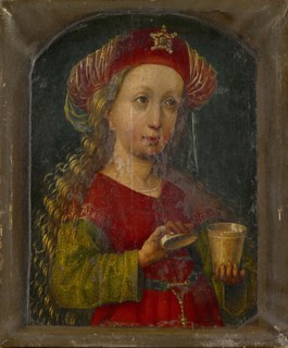 The hl., Maria Magdalena in Half Figure, c. 1475-1500, oil on parchment, unsigned., On the sleeves