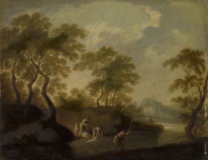 River landscape with washerwomen, oil on oak wood, 25 x 31.5 cm, not marked, Französischer Meister,