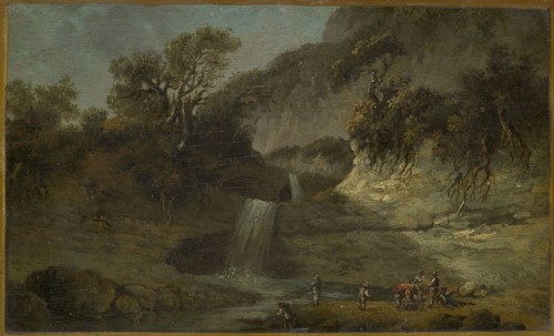 Landscape with waterfall, 1789, oil on walnut, 12.5 x 20.5 cm, not marked, Johann Heinrich Wüest,