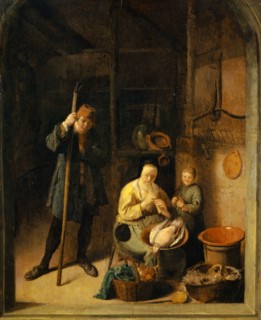 Flute-playing kitchen maid, oil on oak wood, 25.5 x 21 cm, unmarked, Pieter Duyfhuysen, Rotterdam