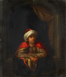Turk at the Window, Oil on Oak, 21.9 x 18.4 cm, Unmarked, Willem van Mieris, Leiden 1662–1747