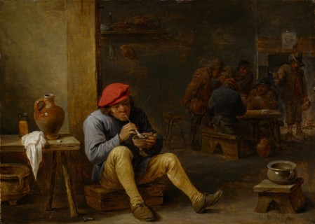 Farmer in a tavern lighting his pipe, oil on oak wood, 24.8 x 34.6 cm, signed lower right: D.