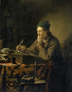 Scholar at the desk, 1752, oil on oak wood, 29.5 x 24 cm, signed and dated on the dark paper sheet
