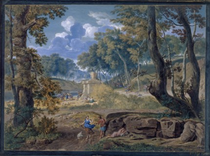 Arcadian Landscape, 1702, gouache on parchment, 13 x 26 cm, signed and dated lower right on the
