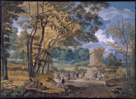 Arcadian Landscape, 1702, gouache on parchment, 13 x 26 cm, signed and dated lower left in gold on