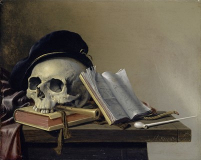 Still Life with Skull, Books, Flute and Whistle, 1632-1660, oil on oak wood, 20 x 26 cm, Signed on
