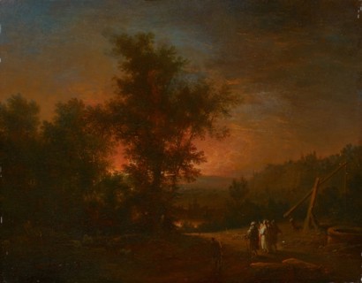 The passage to Emmaus, oil on oak, 19 x 24 cm, monogrammed lower right on the edge of the cliff: