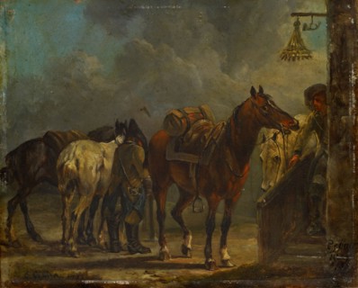 Halt at the tavern, 1785, oil on oak wood, 21 x 26 cm, inscribed and dated lower left: C. Geßner