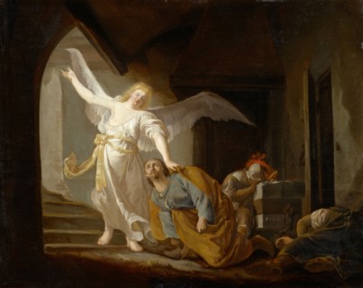 Liberation of Peter, 1660, oil on oak wood, 51 x 63.5 cm, signed and dated right on the stone: J.de