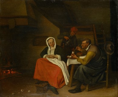 Farmer eating eggs, oil on panel, 39.5 x 48 cm, Signed lower middle on the foot warmer: JSteen [JS