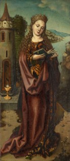 St. Barbara, 1509, mixed media on wood, 71.7 x 31.1 cm, unmarked, however, dated and inscribed on