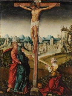 Christ on the cross between the two Maries and John Ev., Oil on linden wood, 50 x 39 cm, unsigned.,