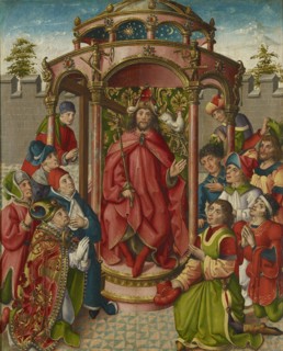 The Persian King Chosroes is worshiped as the godfather, c. 1475, mixed media on oak, 68 x 54.5 cm,