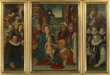 Adoration of the Magi (middle panel), Annunciation with donor, flight to Egypt with donor figures