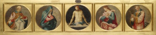 Five circular pictures: hl., Nicholas of Myra, Mary, Christ, John the Evangelist, hl., Laurentius,