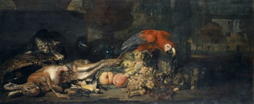 Still Life with Wild and Fruit, Parrot, Rabbit and Cat, Oil on Canvas, 62.5 x 148.5 cm, Not