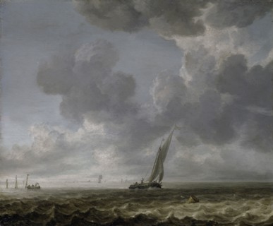 Ships at sea, oil on oak, 34 x 41 cm, monogrammed lower right on the barrel: SDEV, Simon de