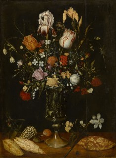 Still Life with a Bouquet in High Glass Foot, Oil on Oak, 52.8 x 39 cm, Unmarked, Niederländischer