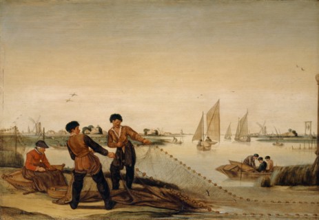 Two fishermen pull their net ashore, oil on oak, 31 x 44.5 cm, Monogrammed bottom left on the boat: