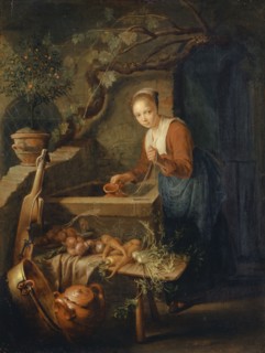 Kitchen Girl at the Well, Oil on Oak, 28.3 x 21.5 cm, Signed Left, on the Well Edge: GDOV [G and D