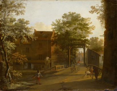 Village street with drawbridge, oil on oak wood, 27 x 34.5 cm, originally fully inscribed lower