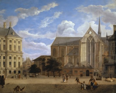 The Dam in Amsterdam against the Town Hall and Nieuwe Kerk, c. 1670, oil on oak, 44.9 x 56 cm,
