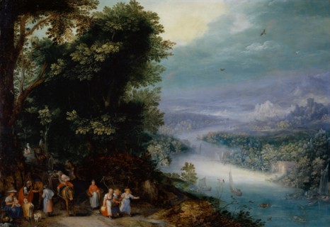 Woody river valley with driveway, around 1602, oil on copper, 33 x 47.5 cm, not marked, Jan