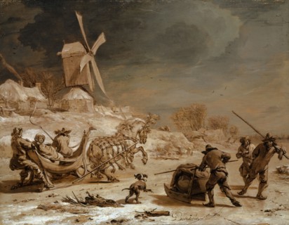 Sleigh ride, around 1665, oil on oak wood, 24.4 x 31.4 cm, signed lower right center: Berchem,