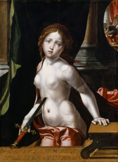 Lucretia, oil on oak, 68.5 x 49.9 cm, inscription on parapet: SATIVS • EST • MORIQVAM, • INDECORE •