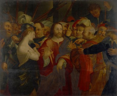 Christ and the Adulteress, Oil on Oak, 111 x 135 cm, Unmarked, Lorenzo Lotto, (Alte Kopie nach /