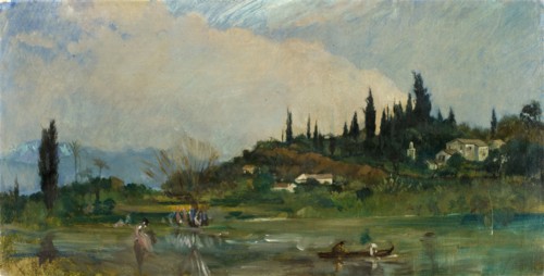 North American landscape near a pond, oil on canvas, mounted on cardboard, canvas: 24.5 x 48.5 cm,