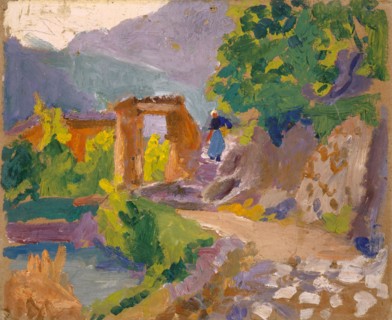 Stony path in mountain valley, oil on board, 21.5 x 27 cm, not marked, Französischer Maler, 19./20.