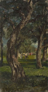 Baumgarten with suspended laundry, 1863, oil on canvas, 41.5 x 21.5 cm Lichtmass, signed and dated