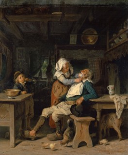 A barber's room in Brittany, 1872, oil on panel, 50 x 45.4 cm, signed and dated lower right: