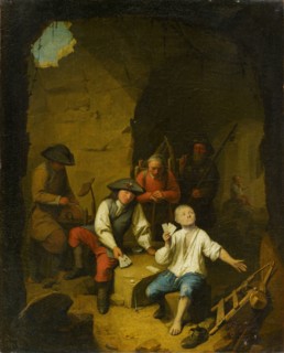 Scissors grinder playing cards, 1690s, oil on canvas, 46 x 37 cm, signed and dated lower right: n.