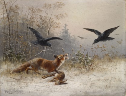 Fox hunting hare in winter, oil on panel, 21 x 26.5 cm, signed and inscribed lower left: MMüller.,