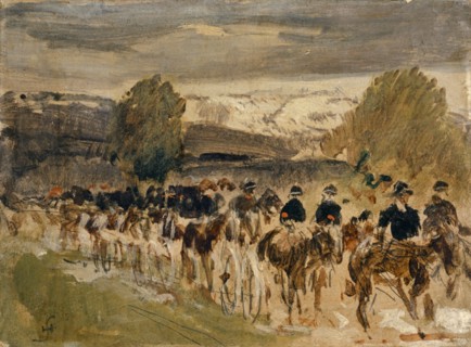 L'artillerie neuchâteloise en marche by Thoune à Friborg, 1890, oil on cardboard, 14 x 19 cm,