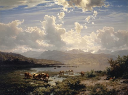 Landscape on Lake Lucerne, oil on canvas, 76.9 x 103.5 cm, signed lower left with red color: Robert