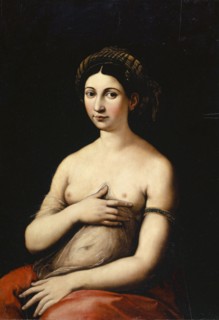 Portrait of a young woman (La Fornarina), oil on panel, 89 x 61 x 1.9 cm, On the bracelet the