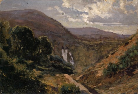 Southern mountain valley with waterfall, oil on board, 27.5 x 39.5 cm, not marked, Unbekannt, 19.